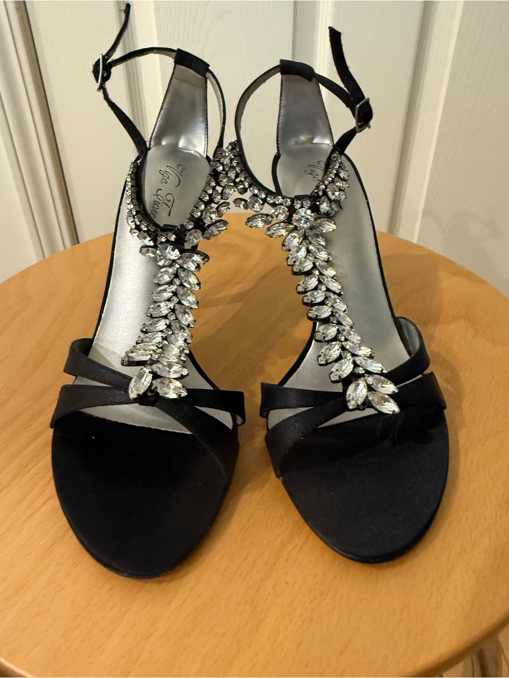 Black Jeweled T-Strap Evening Sandals